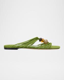 Jimmy Choo Delani Flower Raffia and Leather Flat Slide Sandals
