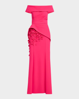 Rickie Freeman for Teri Jon Pleated Off-Shoulder Floral-Print Organza Gown  | Neiman Marcus