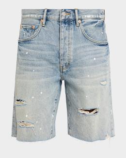 PURPLE Men's Faros Distressed Cotton Denim Shorts | Neiman Marcus