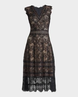 knee length dresses for ladies Tadashi Shoji CFJ24364L - Long Lace (40% Nylon 50% Cotton 10% Polyester)  A-line Dress