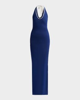 zaria pleated halter midi dress FForme Sculpted Knit Maxi colour:kausar-mini-dress-lace-flower-grey