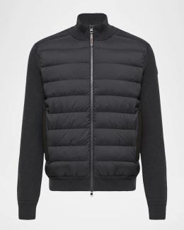Moncler Men's Ribbed Cardigan with Leather Trim | Neiman Marcus