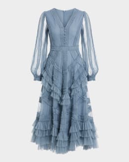 Mac Duggal Ruffled Tiered Polka Dot Charmeuse Gown | Neiman Marcus