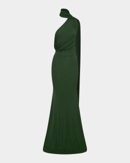 alex perry green dress Off-Shoulder Cape Gown in Dry Jersey One shoulder