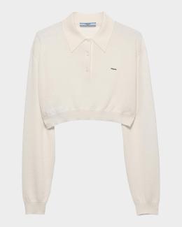 PRADA 襟付き ポロニット　ホワイト Prada V-Neck Cropped Cotton Sweater | Neiman Marcus