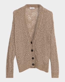 Brunello Cucinelli Paillette Linen Open-Knit Zip Cardigan | Neiman