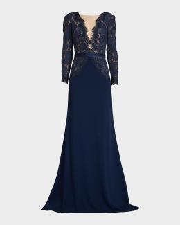 Tadashi Shoji Braid-Trim Lace & Crepe Gown | Neiman Marcus