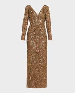aidan mattox sequin dress gold Metallic Floral Organza Jacquard Gown dd-backup