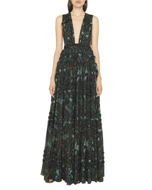 Marchesa Notte Foiled Blouson-Sleeve Pleated Gown | Neiman Marcus