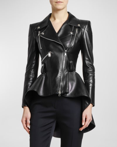 Womens Biker Jacket BLACK Leather Slim Fit Fashion Designer Hip Length Coat COCO