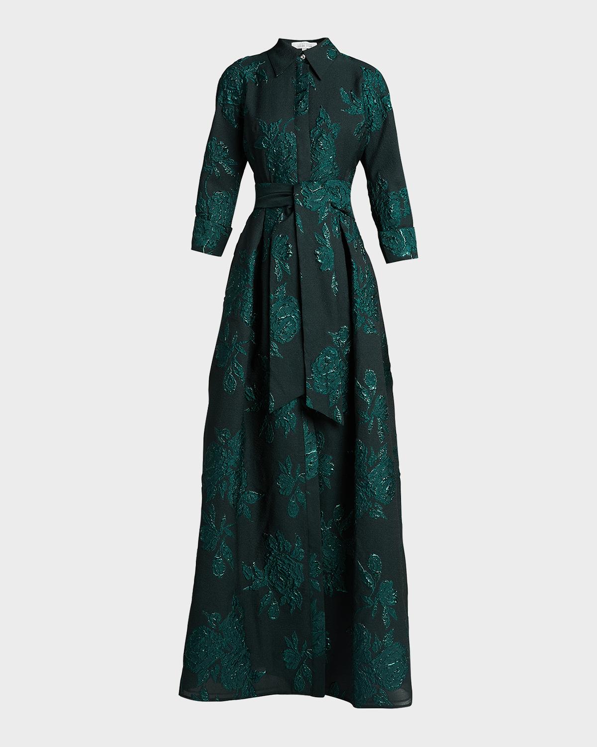 Belted Jacquard Shirtdress Gown