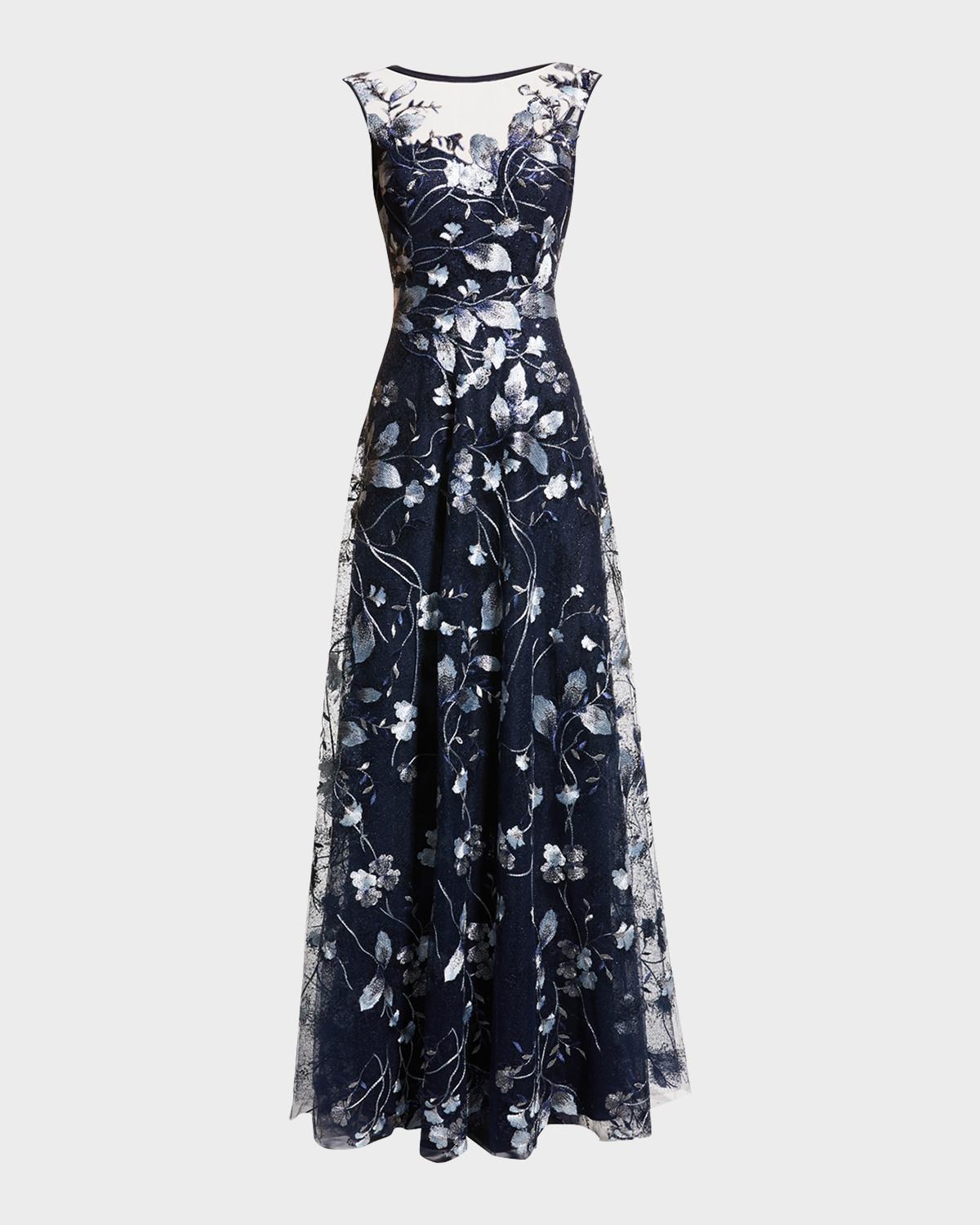 Cap-Sleeve Embroidered Tulle A-Line Gown