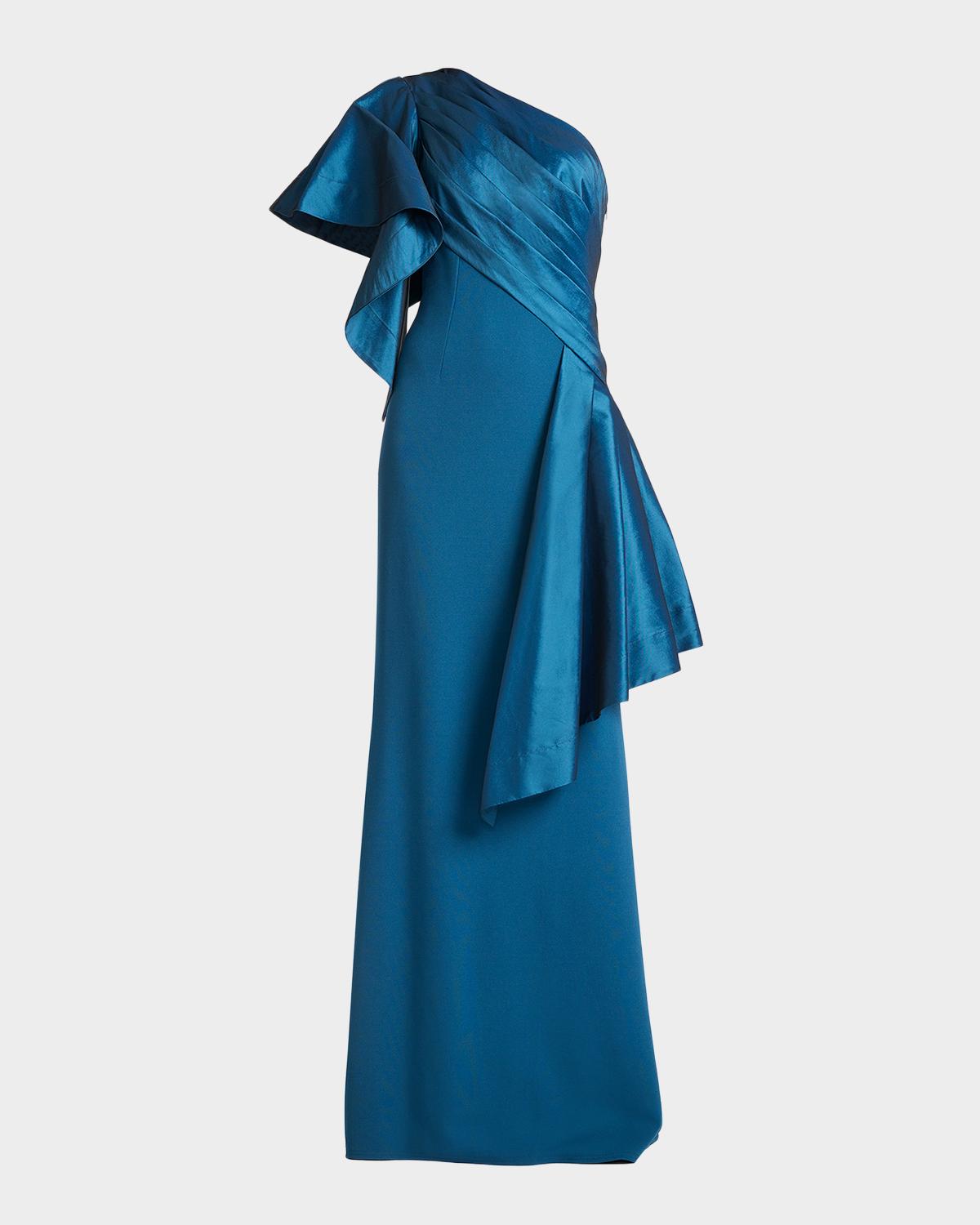 Draped One-Shoulder Taffeta Crepe Gown