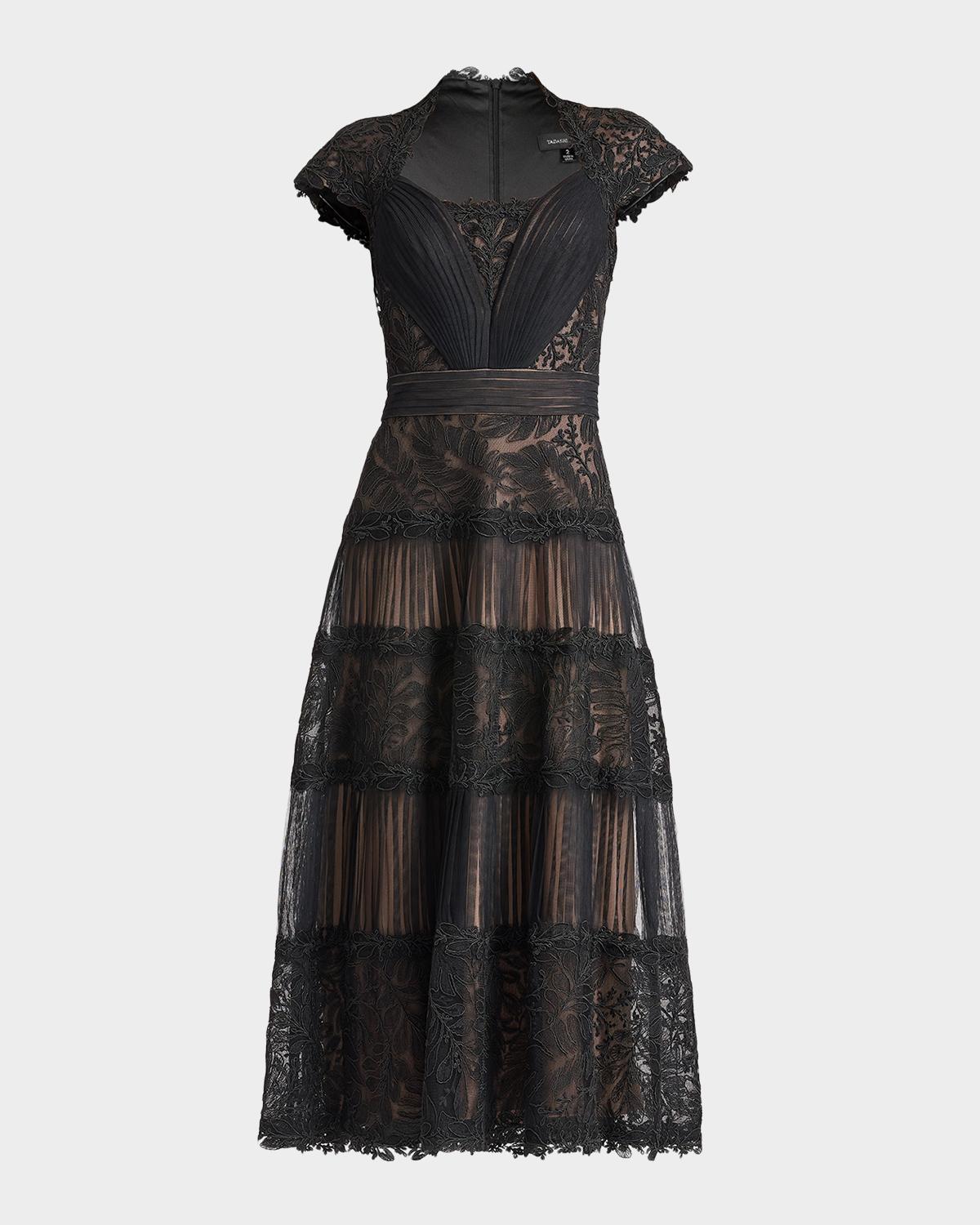 Pleated Mesh & Textured Lace Midi Dress