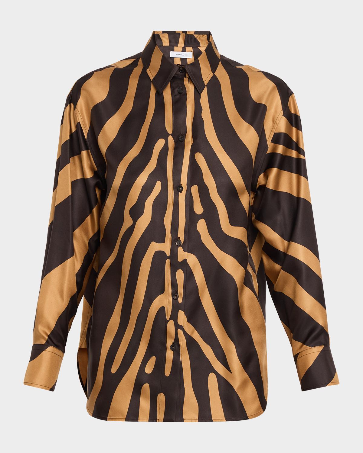 Zebra Silk Twill Button-Down Shirt