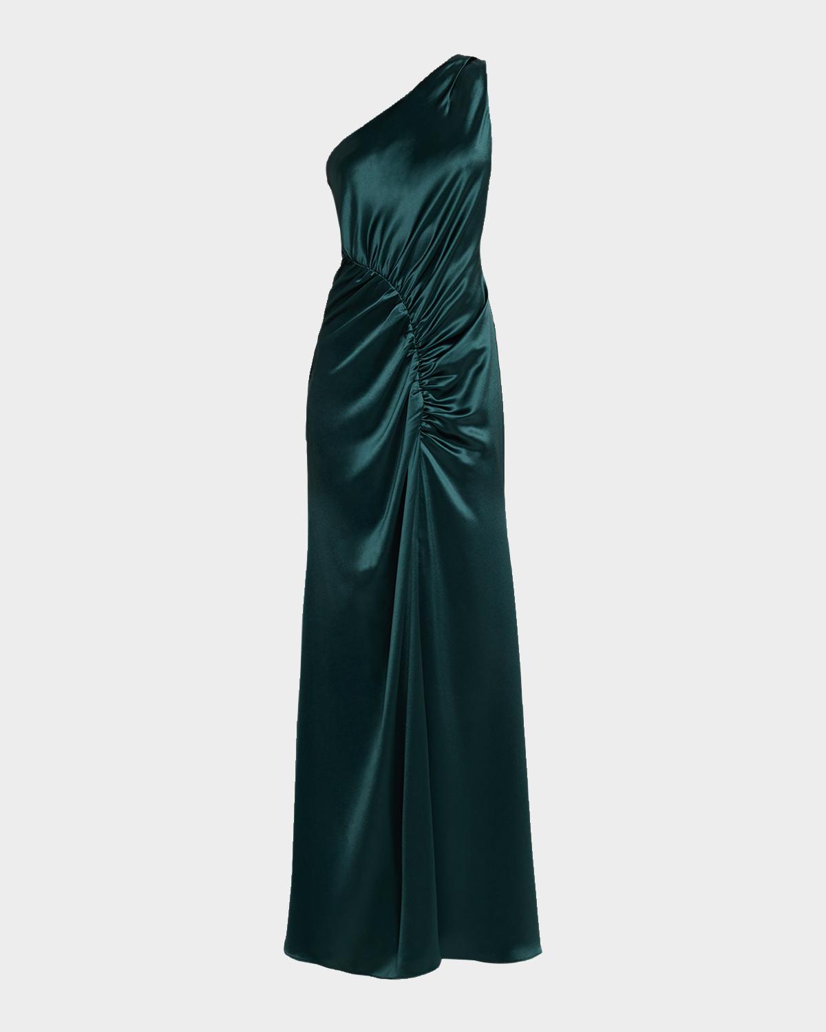 Whitney Hammered Satin One-Shoulder Gown