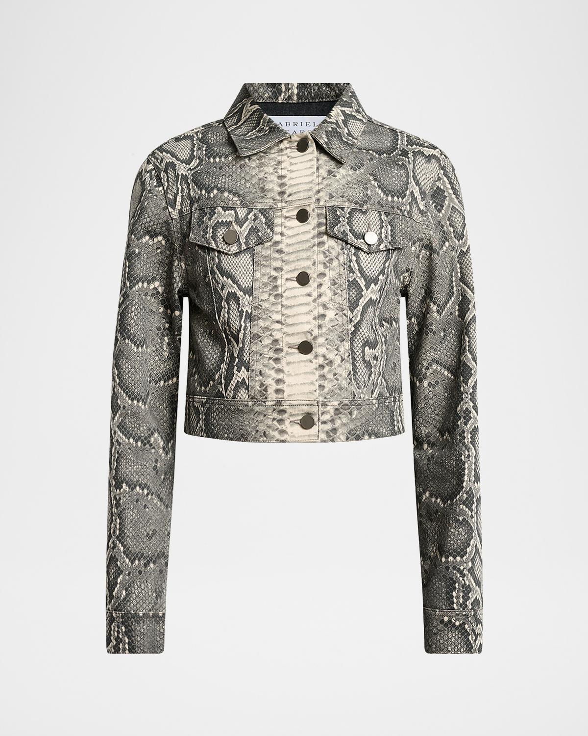 Bronte Snakeskin-Print Crop Denim Jacket