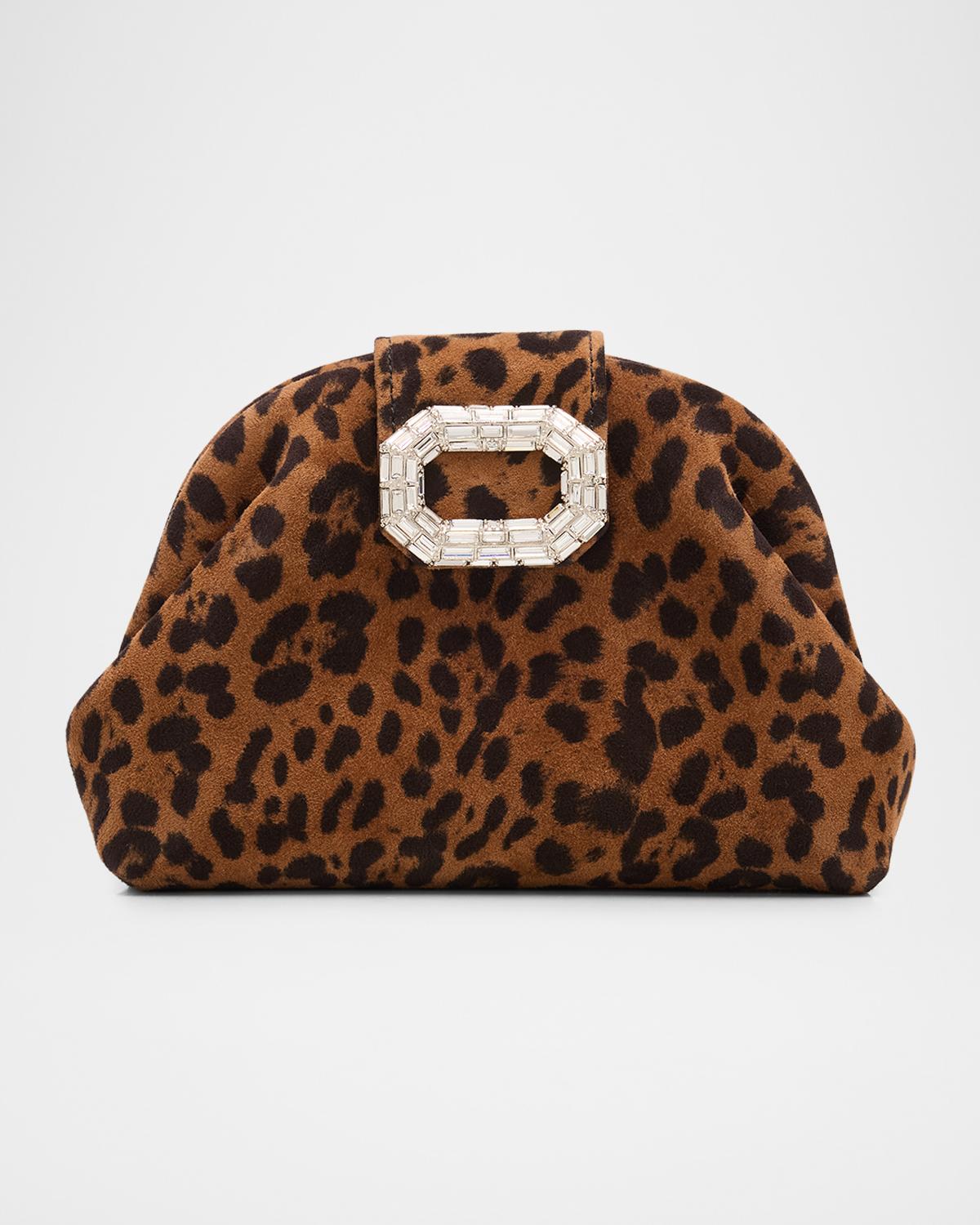 Camelia Micro Crystal Buckle Animal-Print Suede Clutch Bag