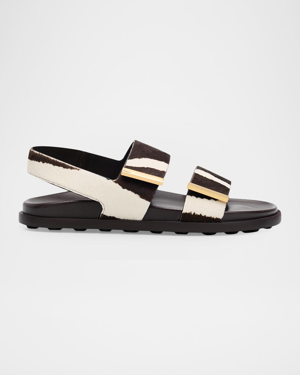 Zebra-Printed Calf Hair Slingback Sandals
