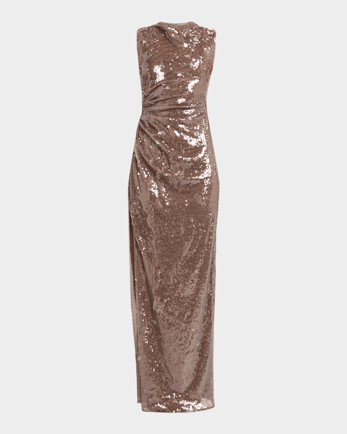Sheer Sequin Ruched Gown with Slit