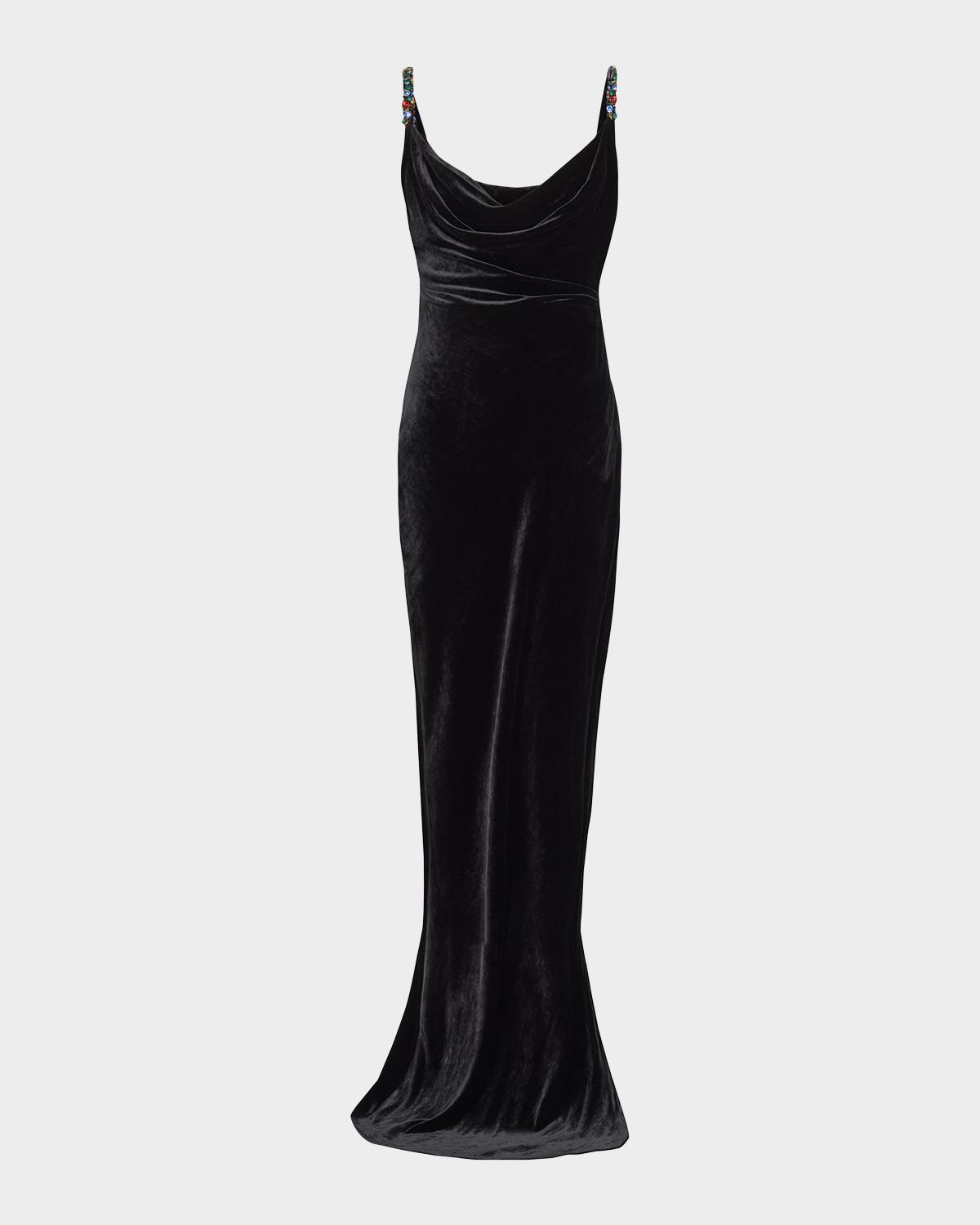 Embellished-Strap Velvet Gown