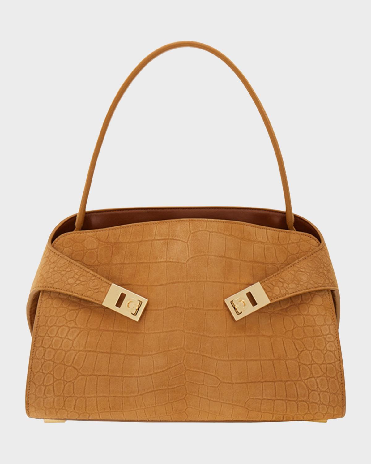 Hug Croc-Embossed Suede Shoulder Bag