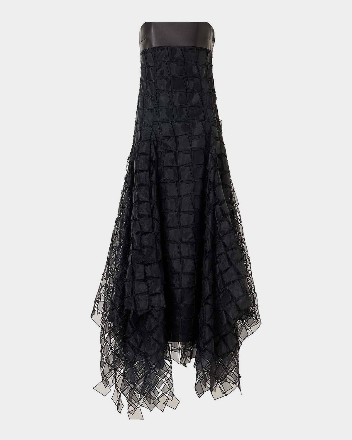 Strapless Trapezoid Embroidered Organza Fringe Maxi Dress