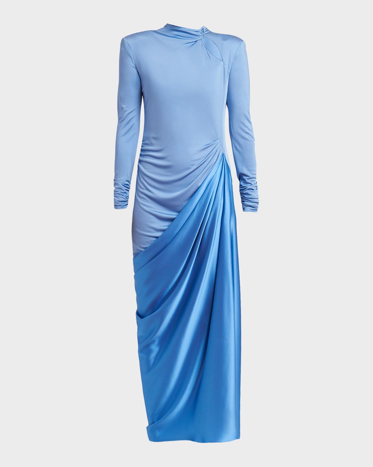 Long-Sleeve Draped Satin Maxi Dress