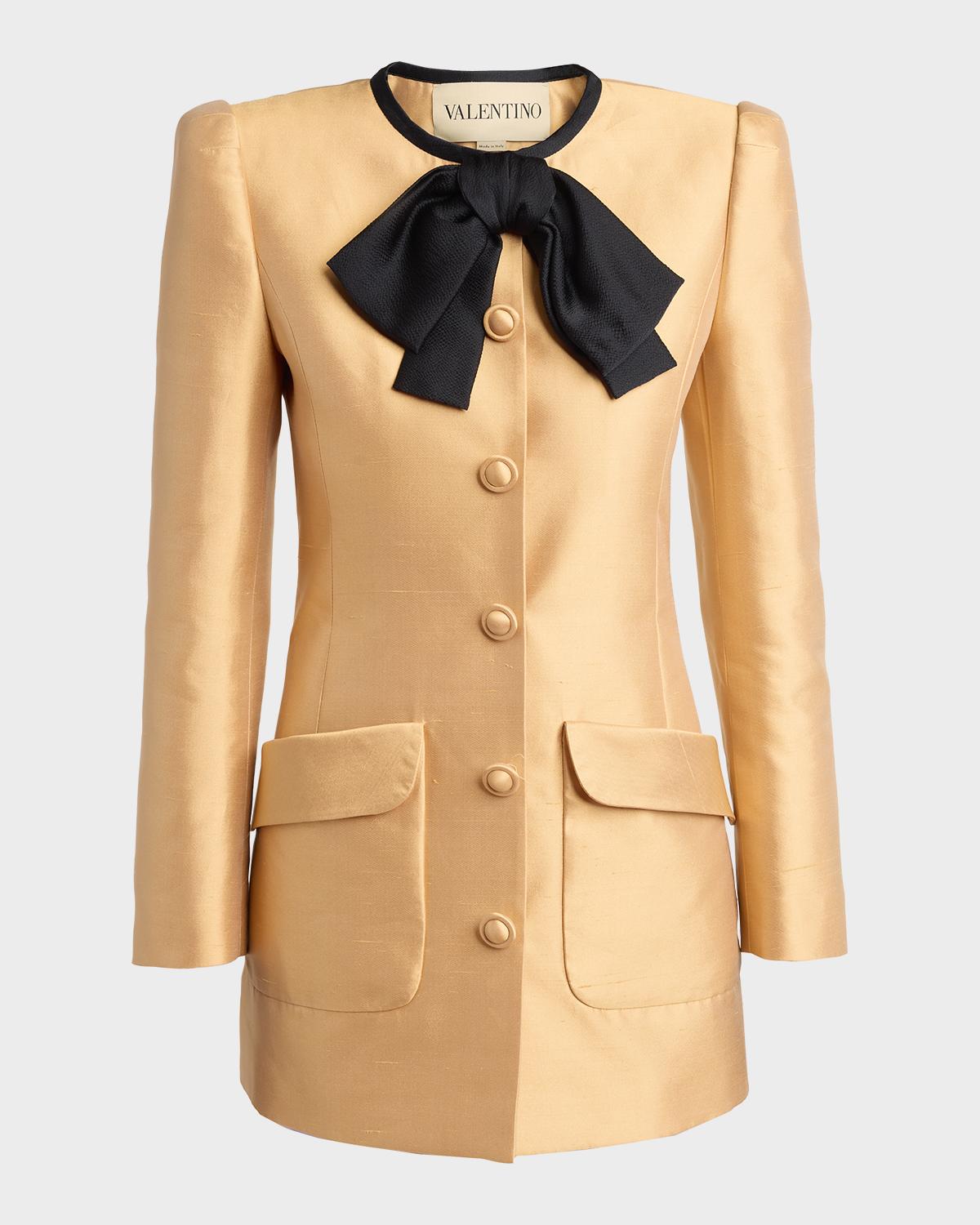 Bow-Neck Mikado Silk Single-Breasted Coat