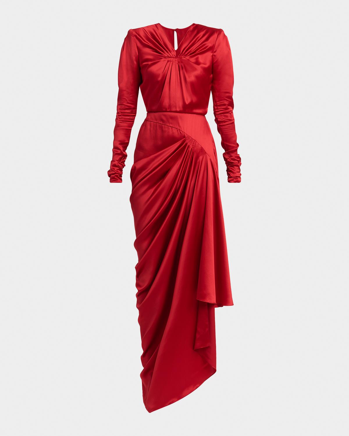 Asymmetric Draped Satin Long-Sleeve Gown
