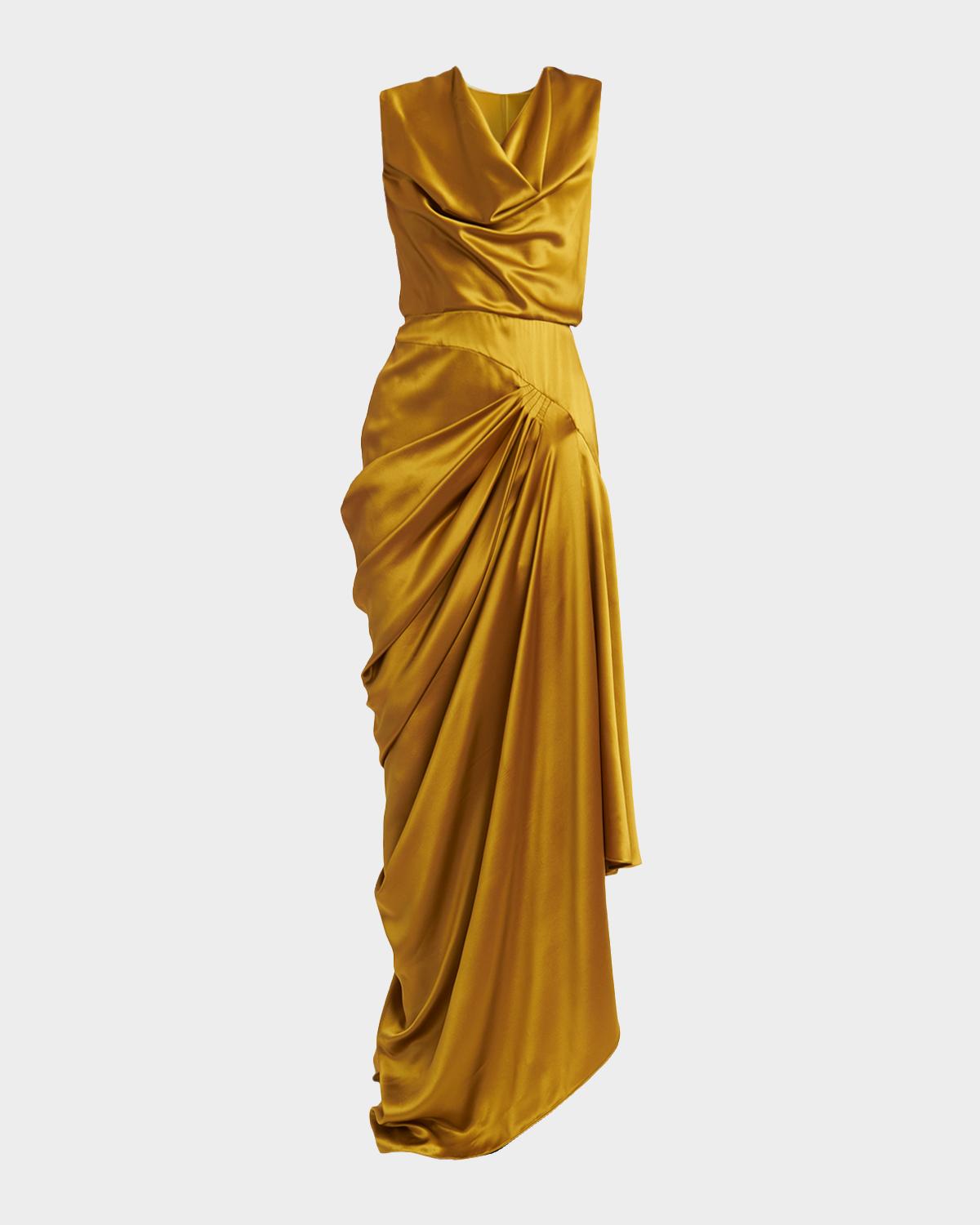 Cowl-Neck Sleeveless Draped Silk Maxi Dress