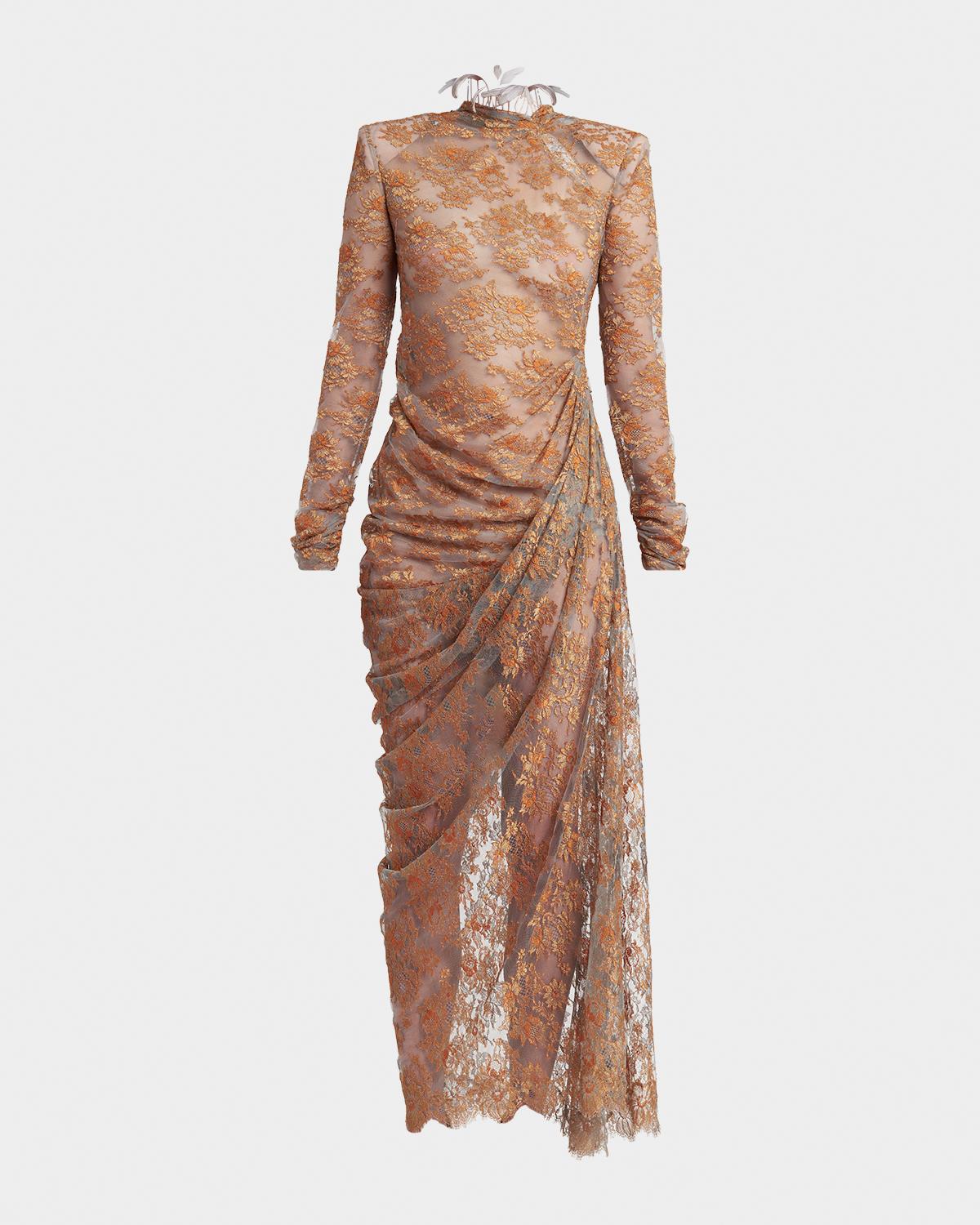 Feather-Trim Draped Lace Long-Sleeve Maxi Dress