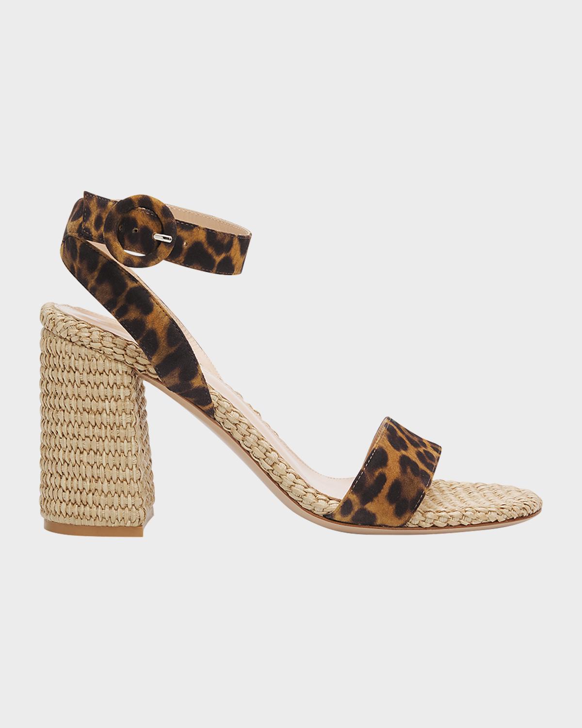 85mm Leopard-Printed Suede and Raffia Sandals