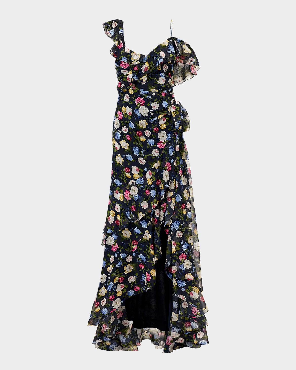 Floral-Print Silk Chiffon Asymmetric Ruffle Gown