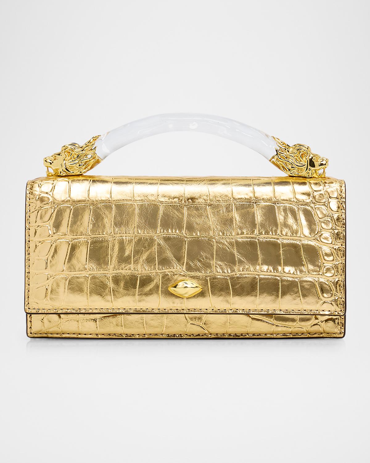 Lioness Metallic Croc-Embossed Leather Top-Handle Bag