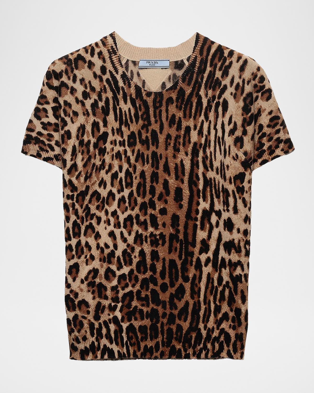 Short-Sleeved Leopard-Print Cashmere Sweater
