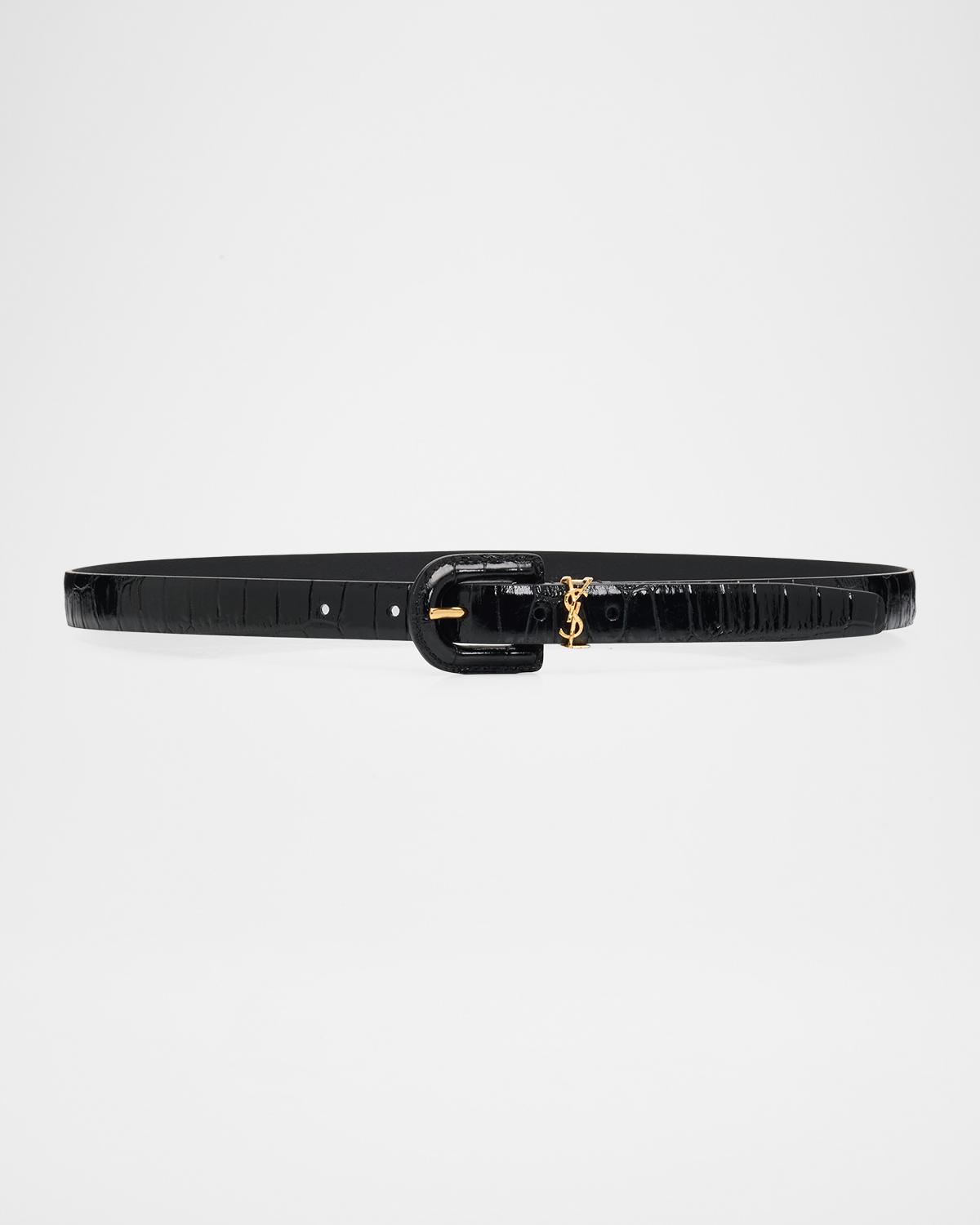 Cassandre Croco-Embossed Leather Thin Belt