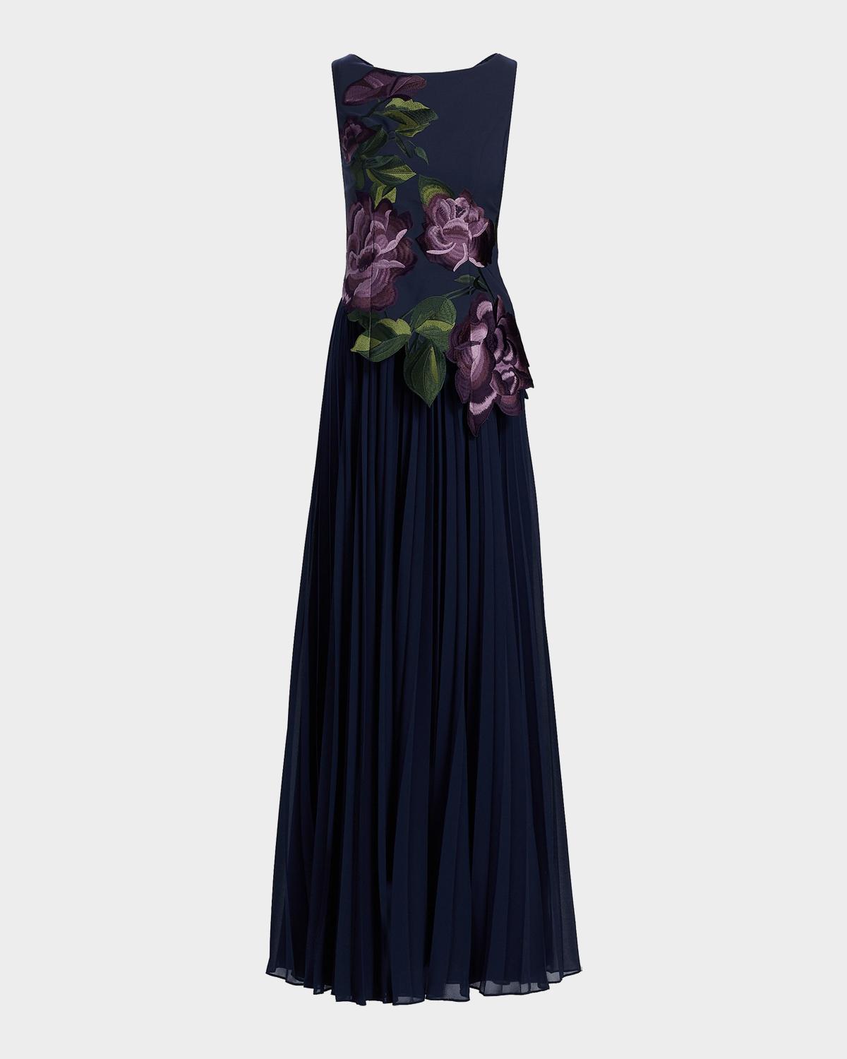 Jayla Floral-Embroidered Crepe & Chiffon Gown