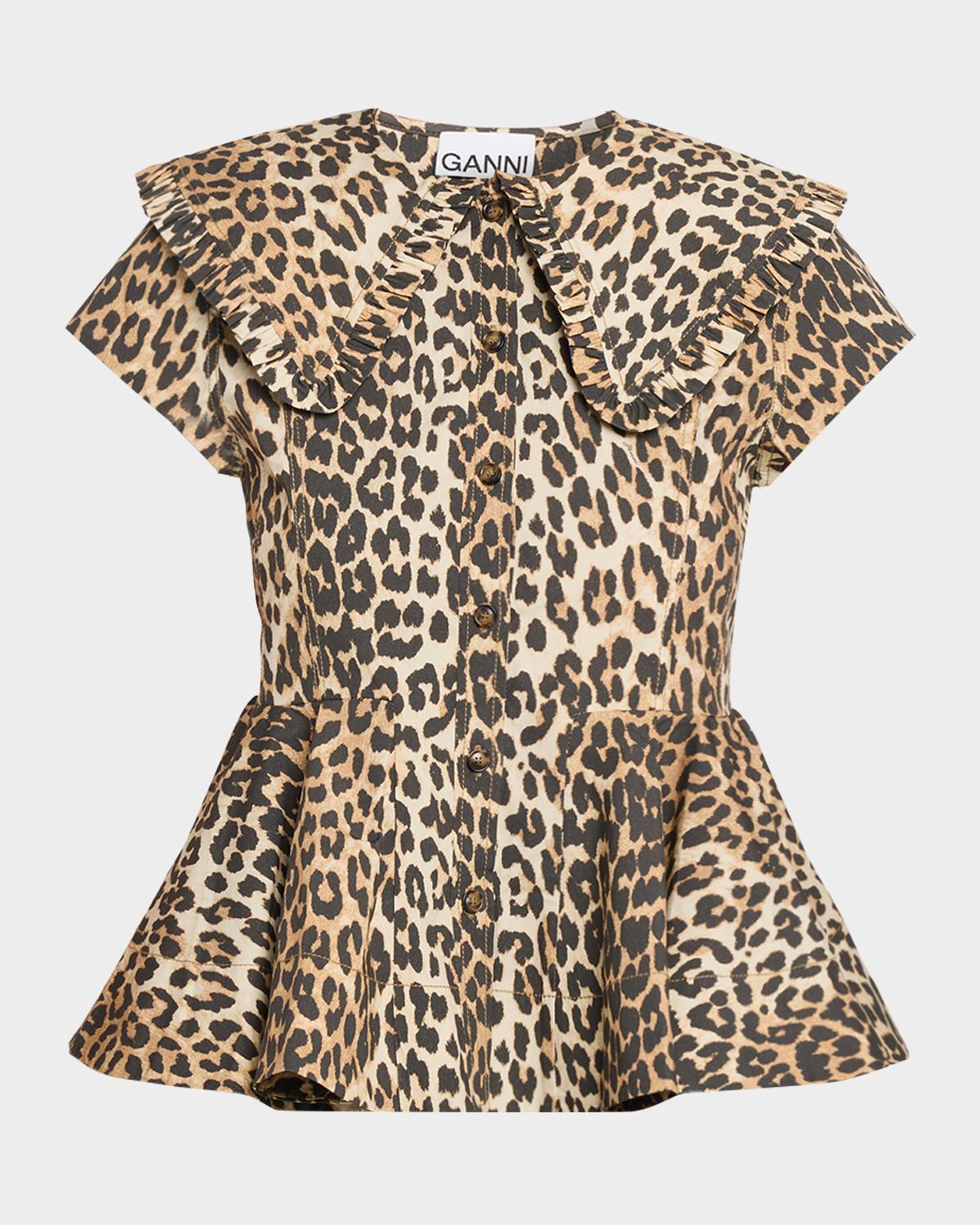 Leopard-Print Stretch-Cotton Peplum Top