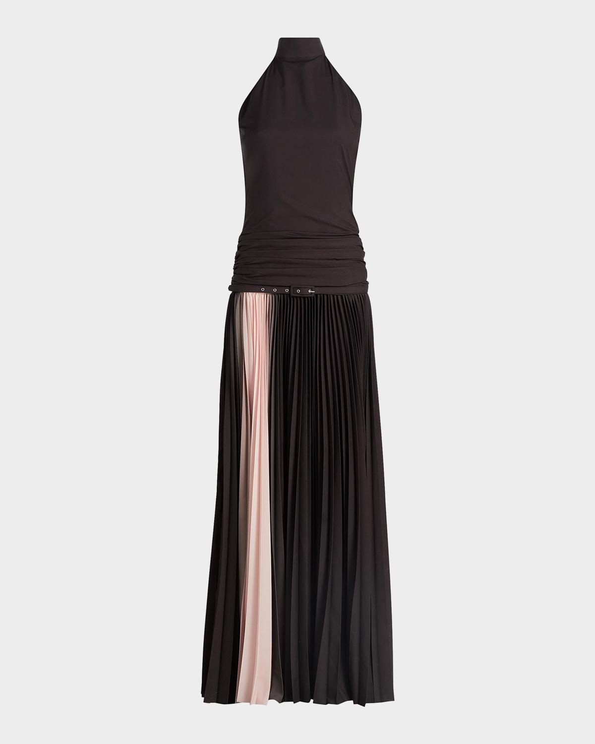Etani Plisse Drop-Waist Halter Gown