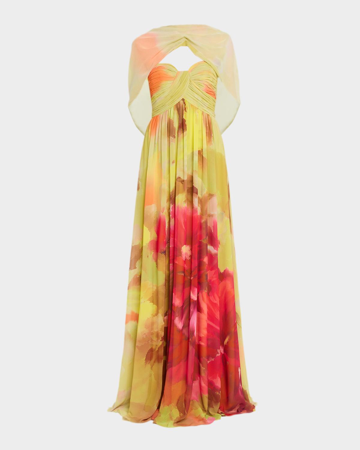 Draped Floral-Print Georgette Gown