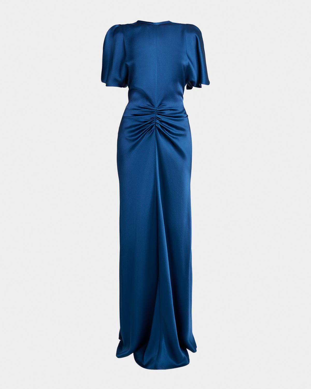 Gathered Waist Flutter-Sleeve Satin Gown