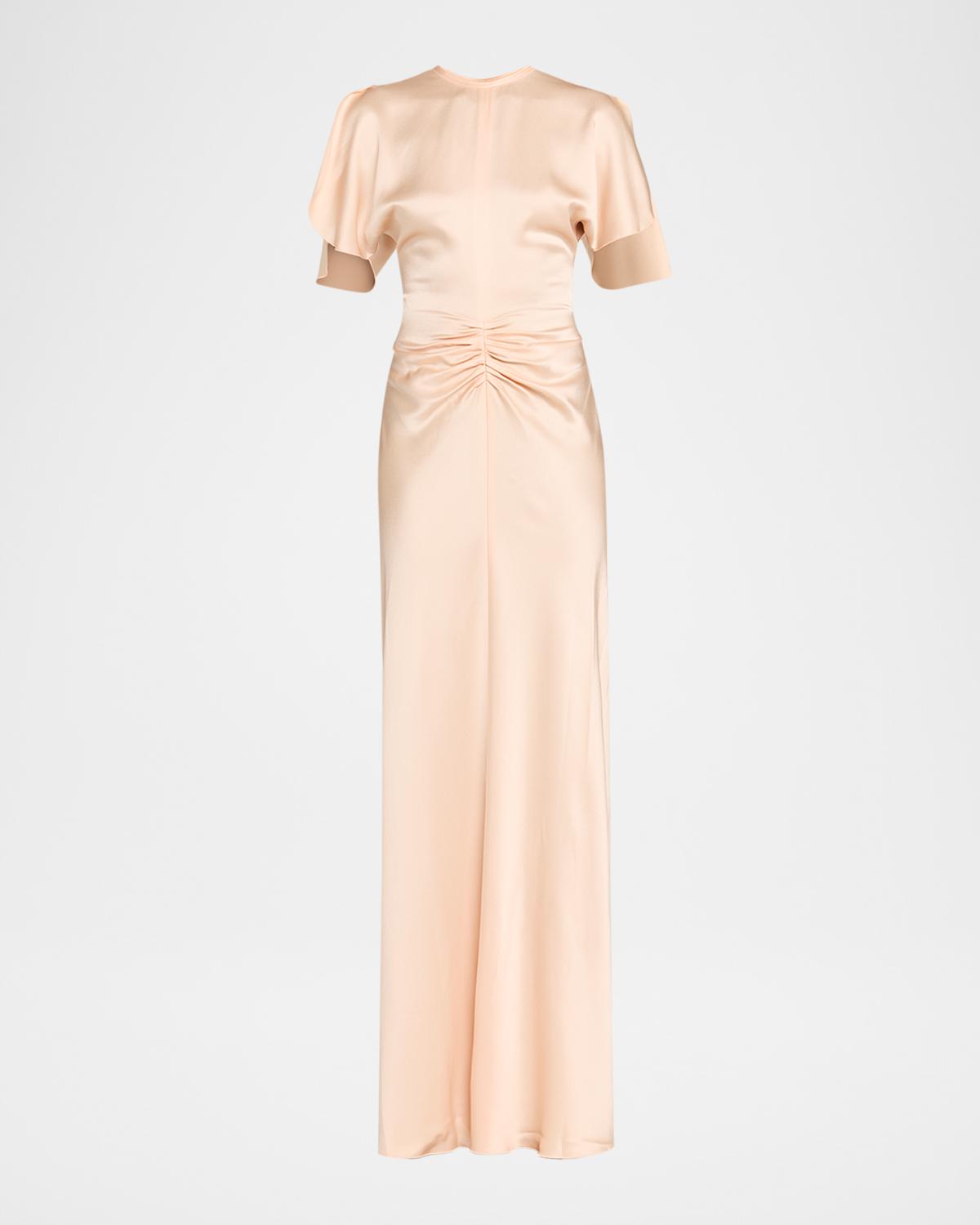 Gathered Waist Flutter-Sleeve Satin Gown