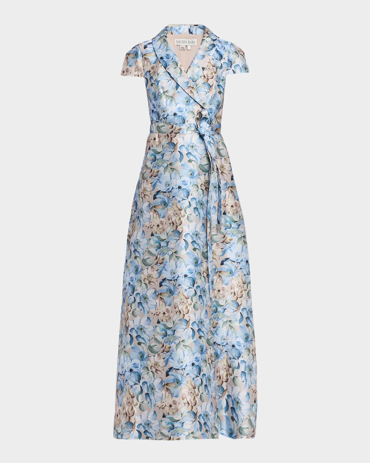 Etienne Floral-Print Mikado Wrap Gown