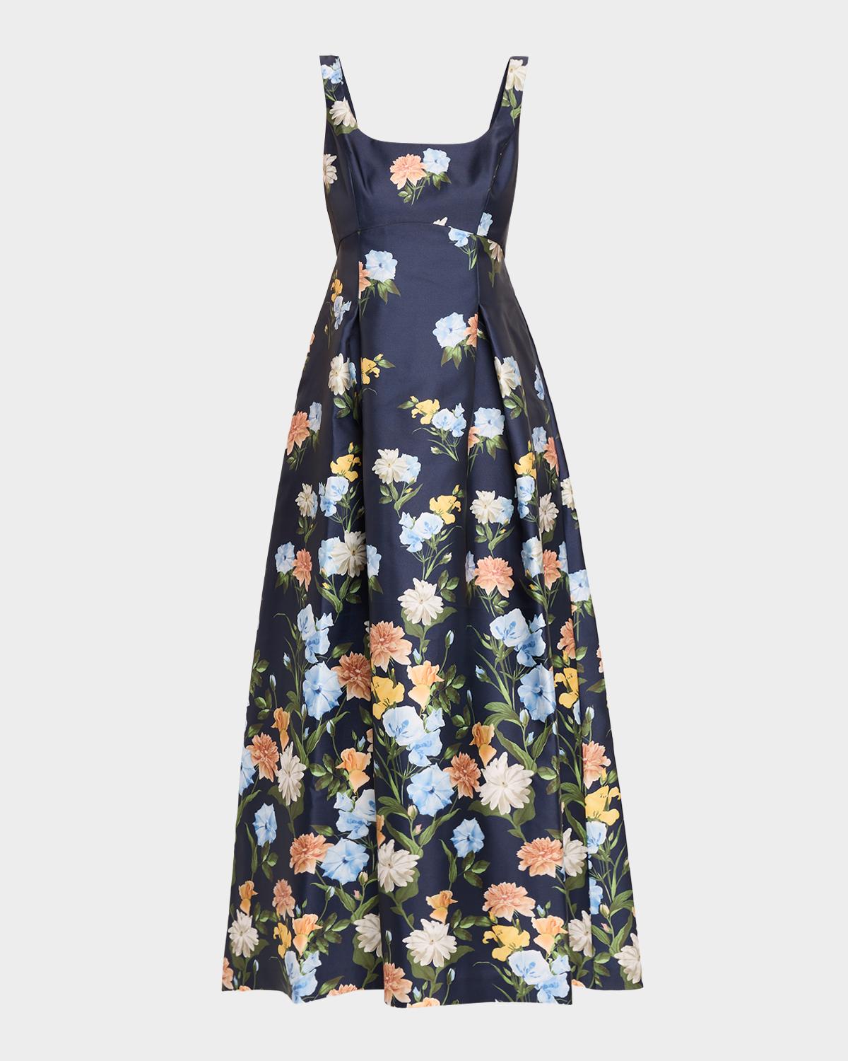 Aurora Pleated Floral-Print Mikado Gown