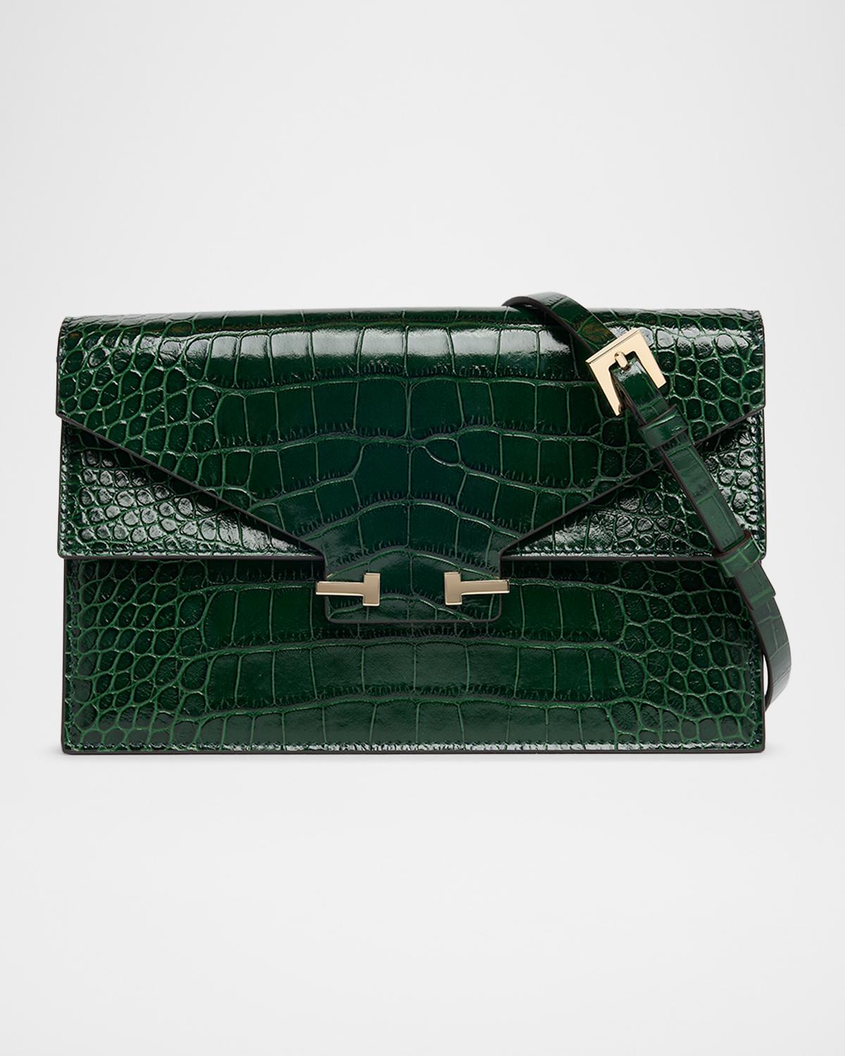 Small Croc-Embossed Leather T-Clasp Clutch Bag