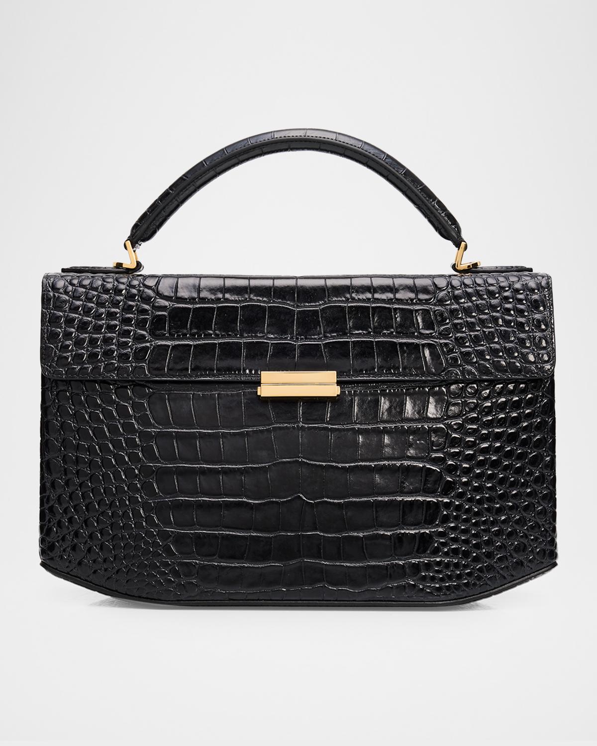 Box Croc-Embossed Leather Top-Handle Bag