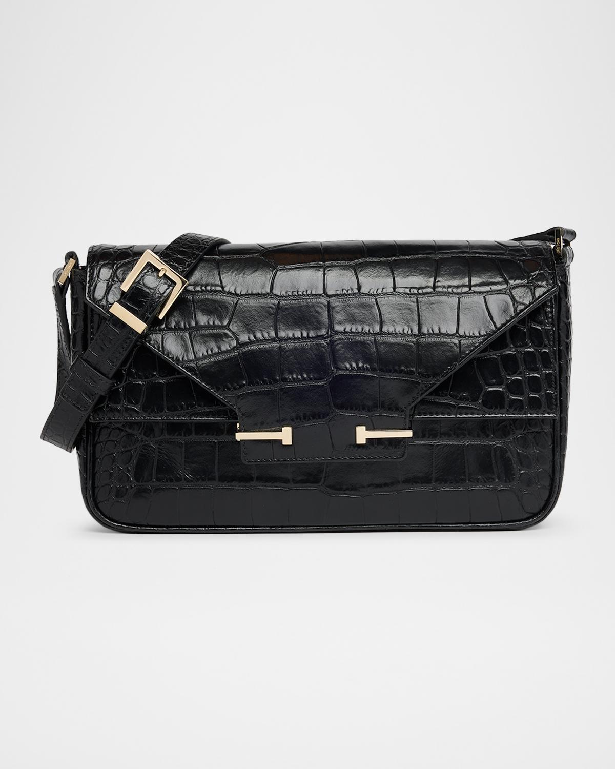 Large T-Clasp Croc-Embossed Leather Shoulder Bag