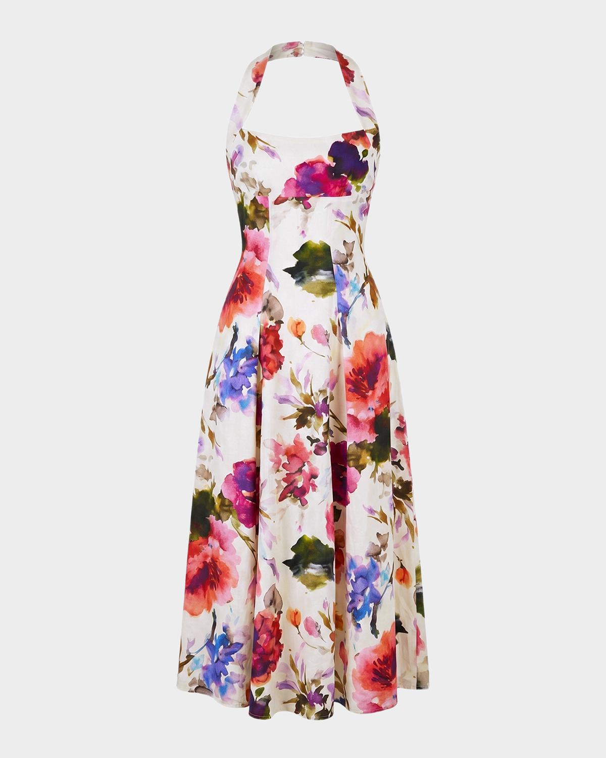 Elisabeth Pleated Floral-Print Halter Midi Dress