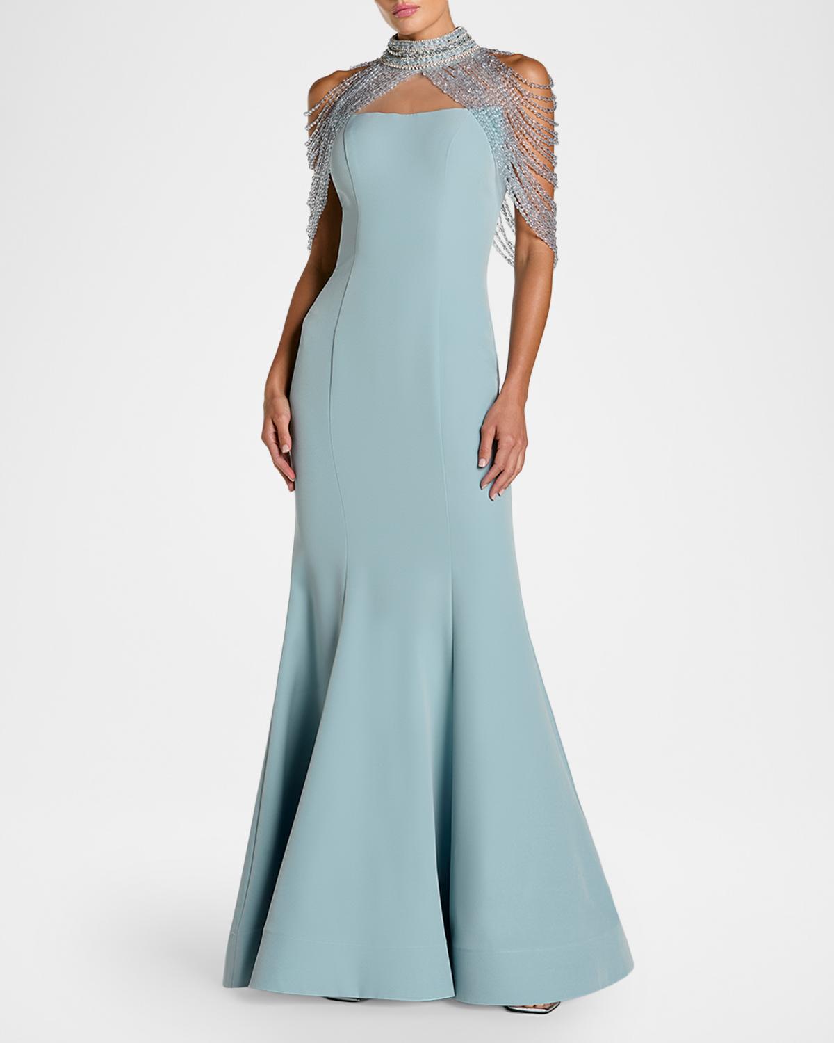 Beaded Capelet Crepe Mermaid Gown